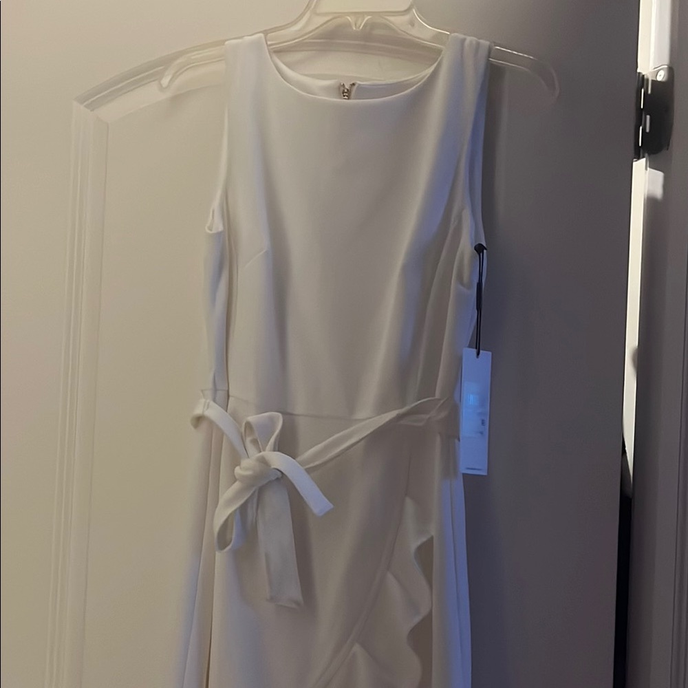 Calvin Klein White Asymmetrical Ruffled Sheath Dress